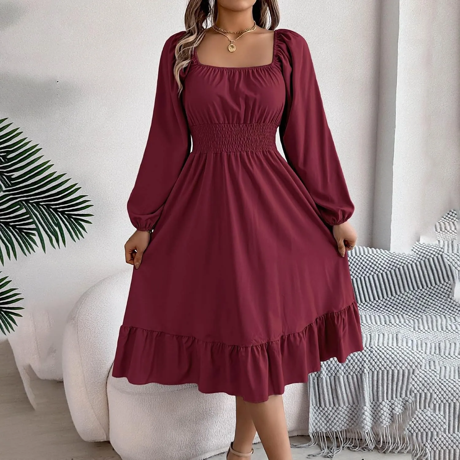 2025 Women Summer Dress Long Lantern Sleeve Square Neck Backless Sexy Dress Ruffle Elastic Waist A-Line Mini Dresses