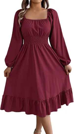 2025 Women Summer Dress Long Lantern Sleeve Square Neck Backless Sexy Dress Ruffle Elastic Waist A-Line Mini Dresses