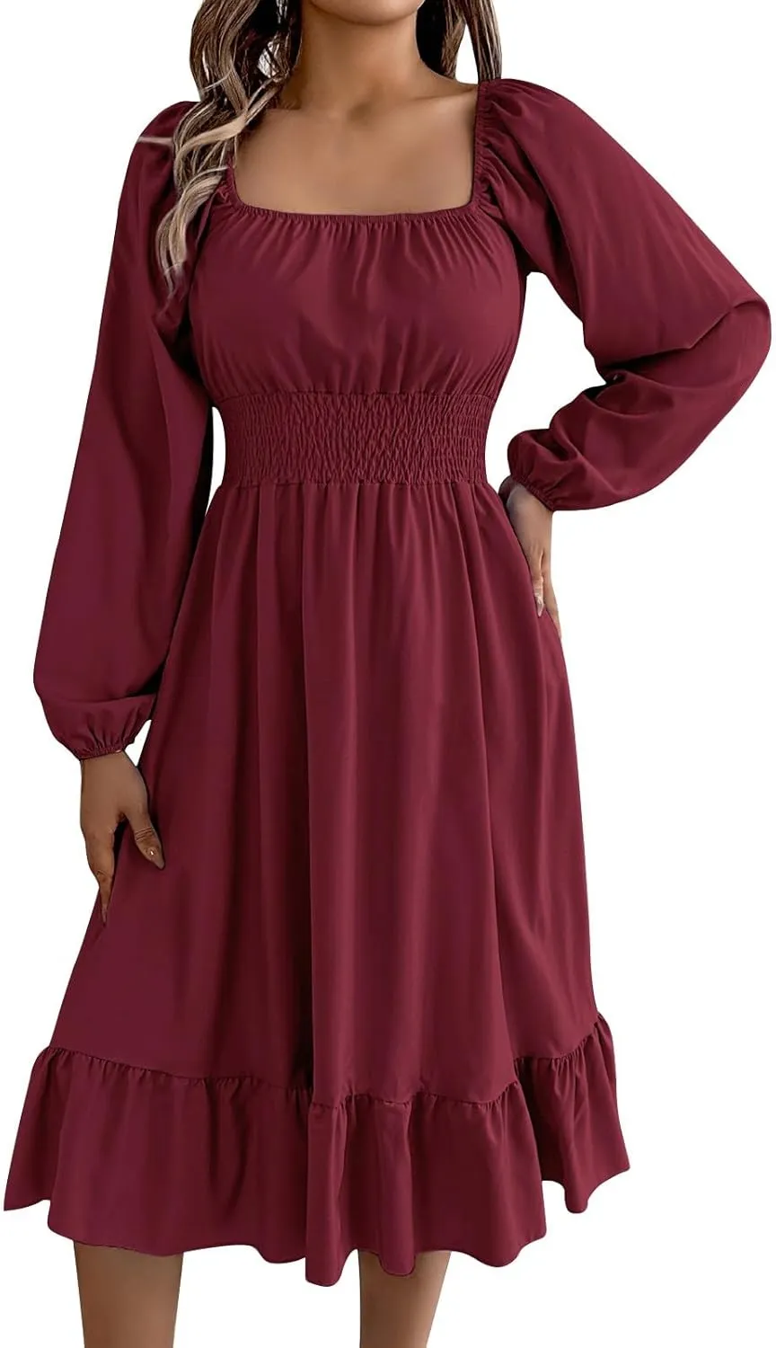 2025 Women Summer Dress Long Lantern Sleeve Square Neck Backless Sexy Dress Ruffle Elastic Waist A-Line Mini Dresses
