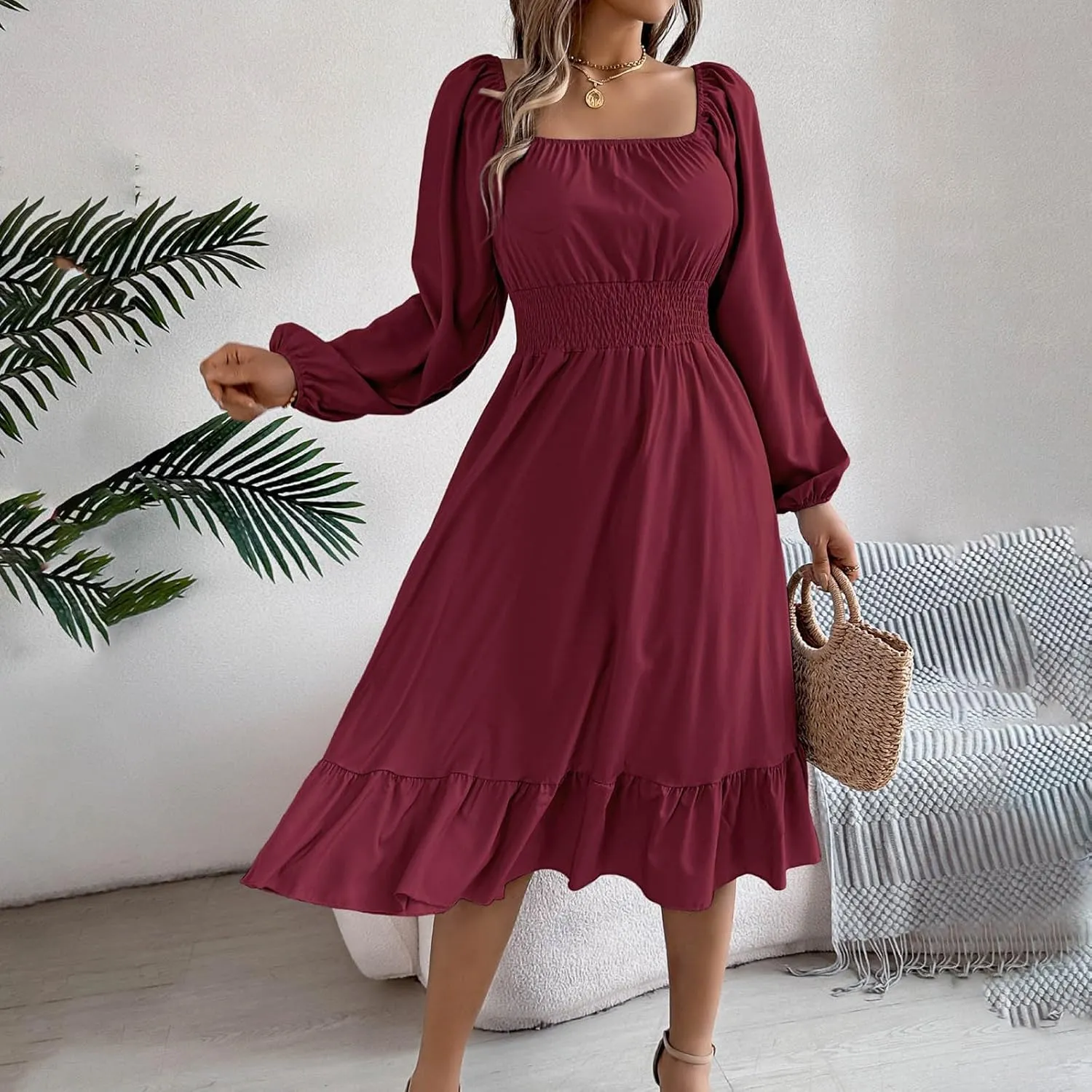 2025 Women Summer Dress Long Lantern Sleeve Square Neck Backless Sexy Dress Ruffle Elastic Waist A-Line Mini Dresses