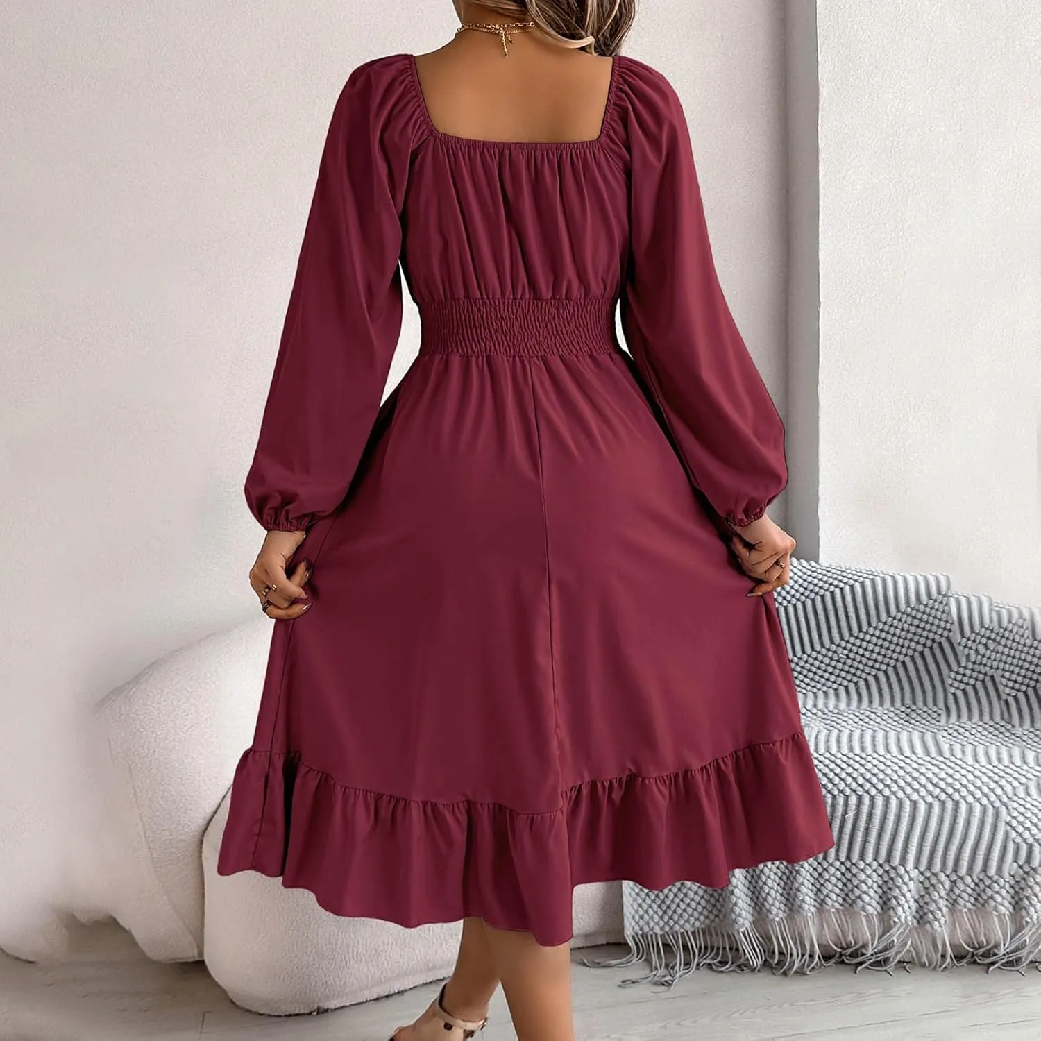 2025 Women Summer Dress Long Lantern Sleeve Square Neck Backless Sexy Dress Ruffle Elastic Waist A-Line Mini Dresses