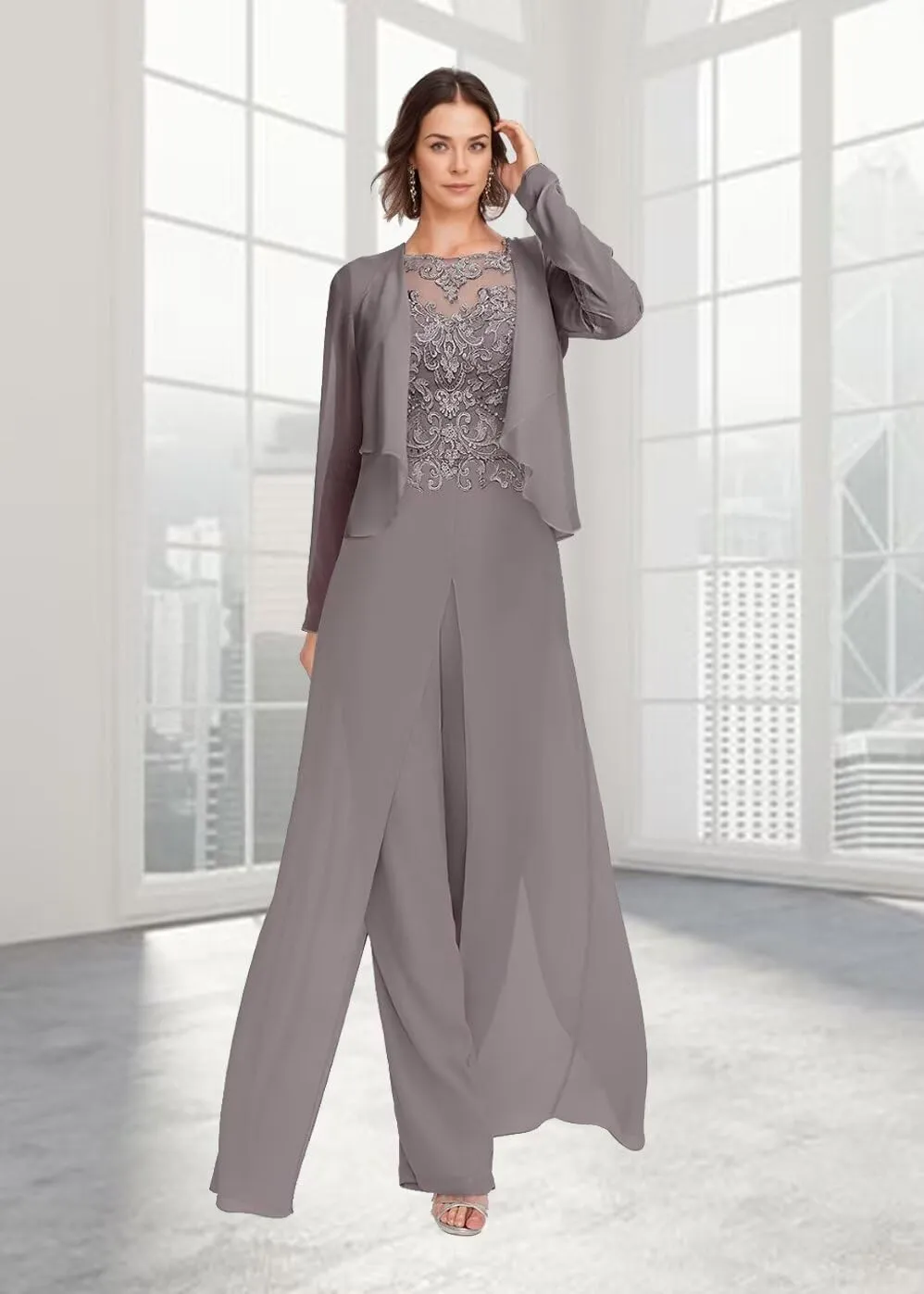 2Pcs Mother of The Bride Jumpsuit Laces Applique Pant Suits Chiffon Wedding Guest Dresses for Women