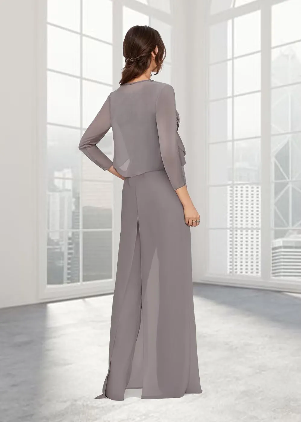 2Pcs Mother of The Bride Jumpsuit Laces Applique Pant Suits Chiffon Wedding Guest Dresses for Women