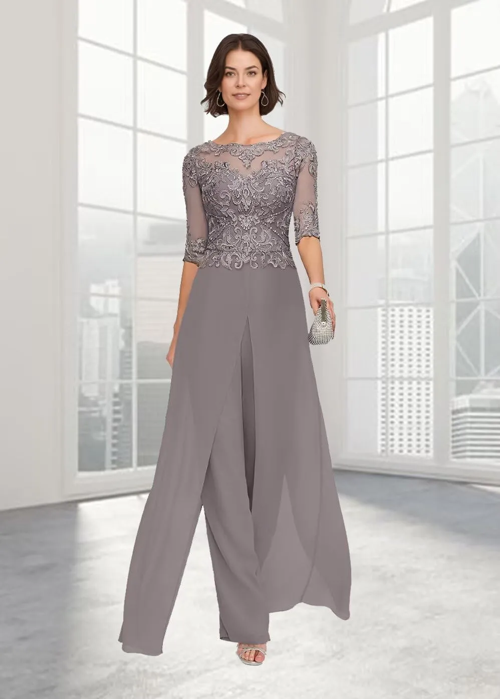 2Pcs Mother of The Bride Jumpsuit Laces Applique Pant Suits Chiffon Wedding Guest Dresses for Women