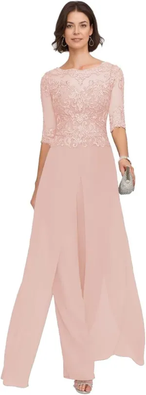 2Pcs Mother of The Bride Jumpsuit Laces Applique Pant Suits Chiffon Wedding Guest Dresses for Women