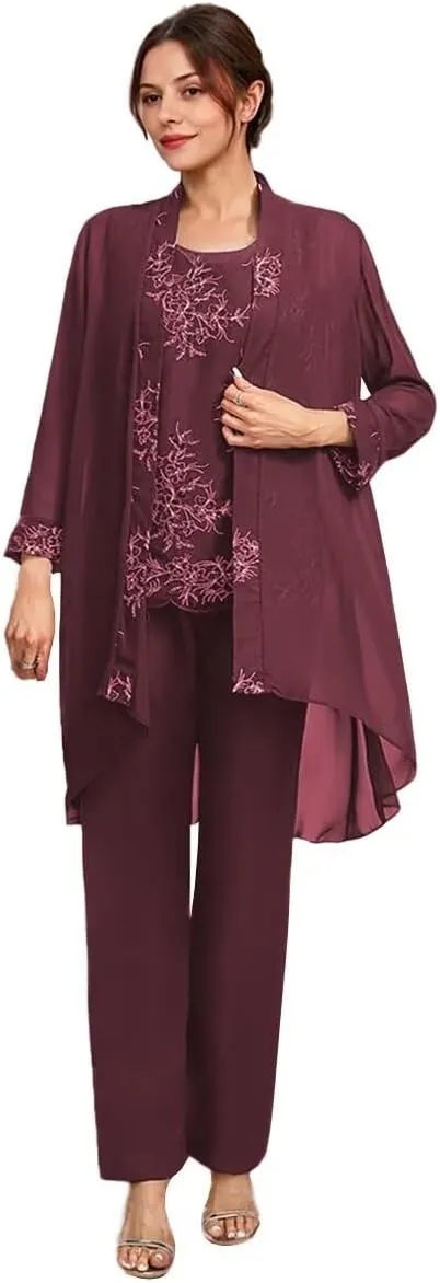 3 Pcs Mother of The Bride Dresses Pantsuit for Wedding 3/4 Sleeves Chiffon Formal Pants Outfit with Jacket