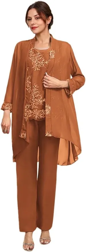 3 Pcs Mother of The Bride Dresses Pantsuit for Wedding 3/4 Sleeves Chiffon Formal Pants Outfit with Jacket