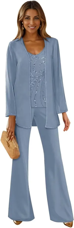 3 Piece Mother of The Bride Pant Suits for Women Dressy Chiffon Beaded Sequin Formal Evening Gown