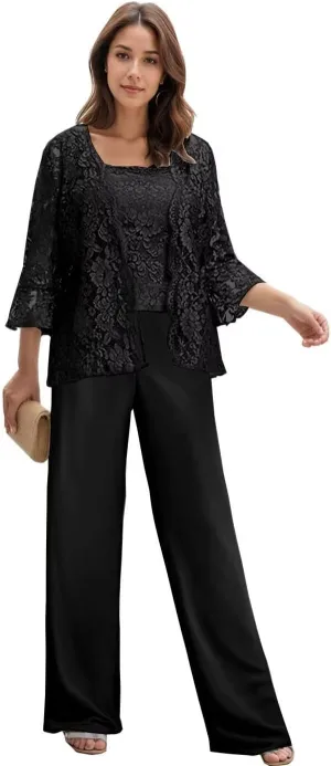 3 Pieces Mother of The Bride Pant Suits with Jacket Long Sleeves Lace Chiffon Outfit Formal Evening Dress for Wedding