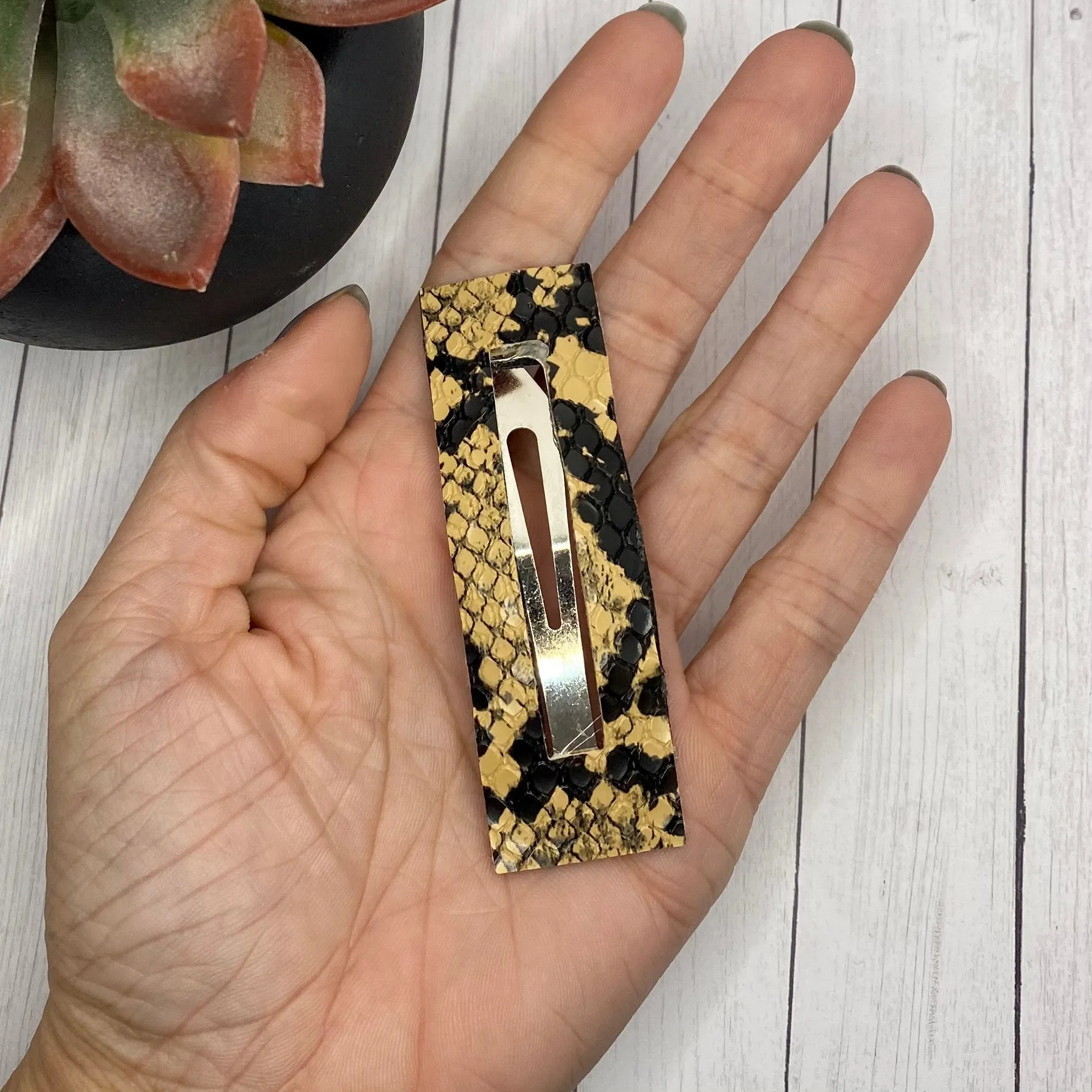 3.25 Tan and Black Snakeskin Rectangle Snap Clip