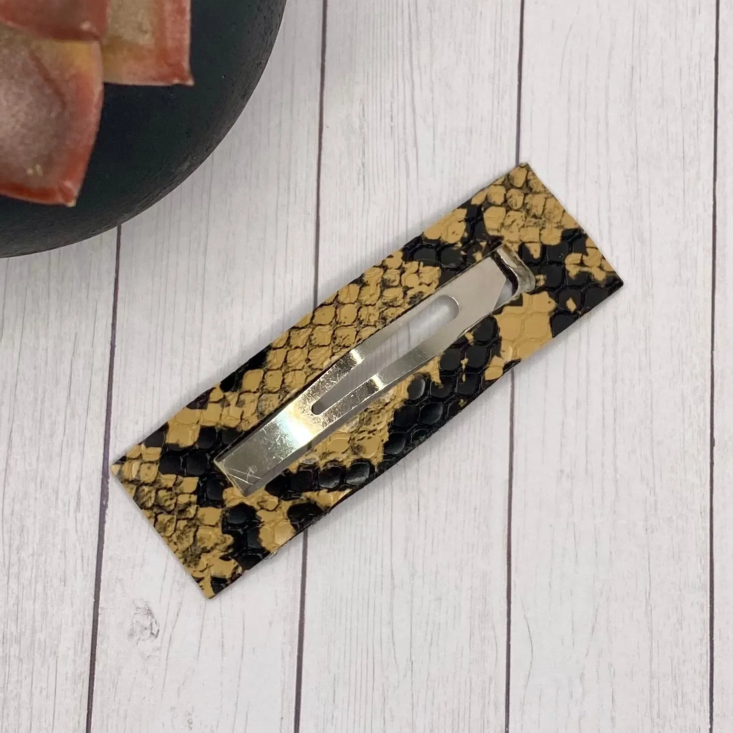 3.25 Tan and Black Snakeskin Rectangle Snap Clip