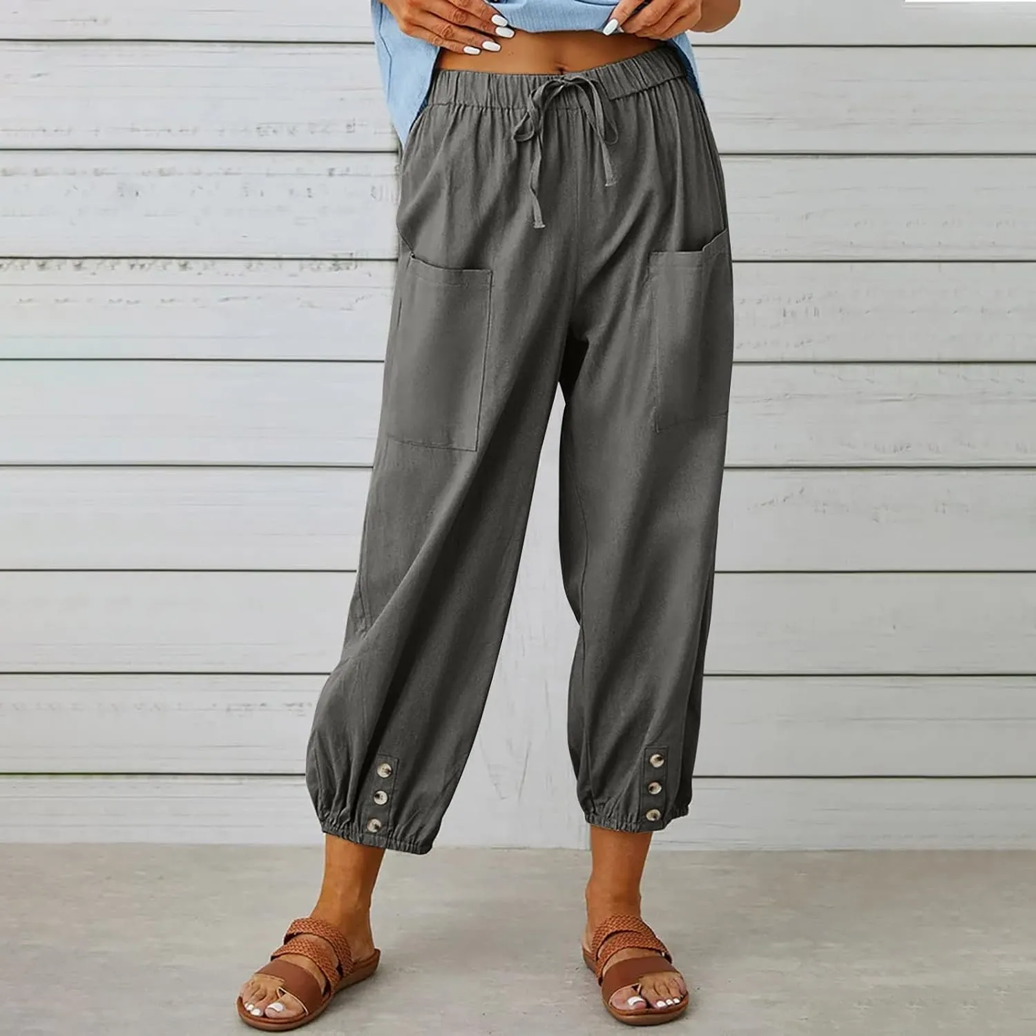 Akivide Cotton Linen Pants for Women High Waisted Drawstring Summer Comfy Flowy Casual Loose Beach Pants with Pockets