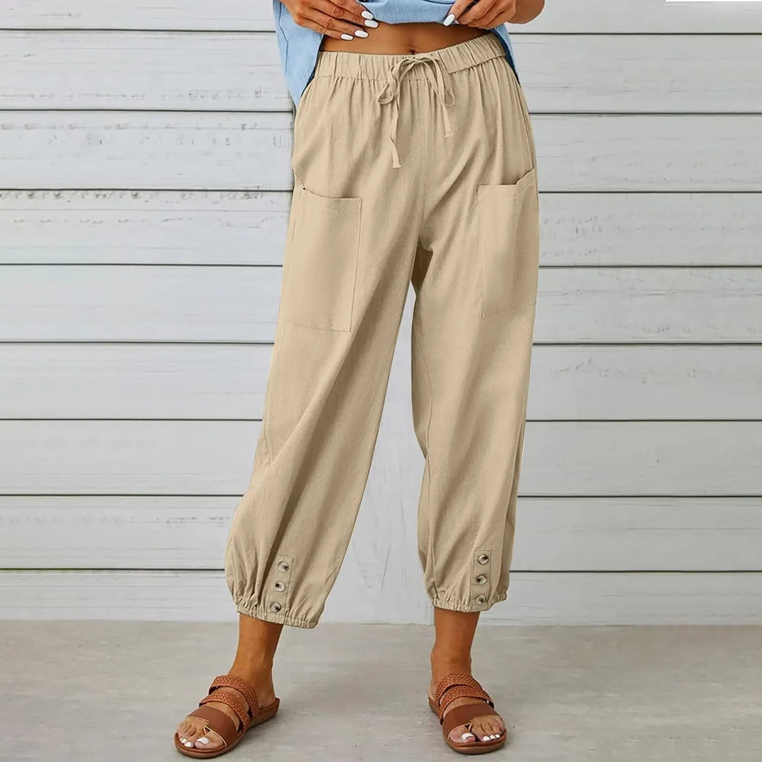 Akivide Cotton Linen Pants for Women High Waisted Drawstring Summer Comfy Flowy Casual Loose Beach Pants with Pockets