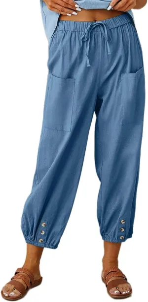 Akivide Cotton Linen Pants for Women High Waisted Drawstring Summer Comfy Flowy Casual Loose Beach Pants with Pockets