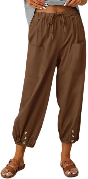Akivide Cotton Linen Pants for Women High Waisted Drawstring Summer Comfy Flowy Casual Loose Beach Pants with Pockets