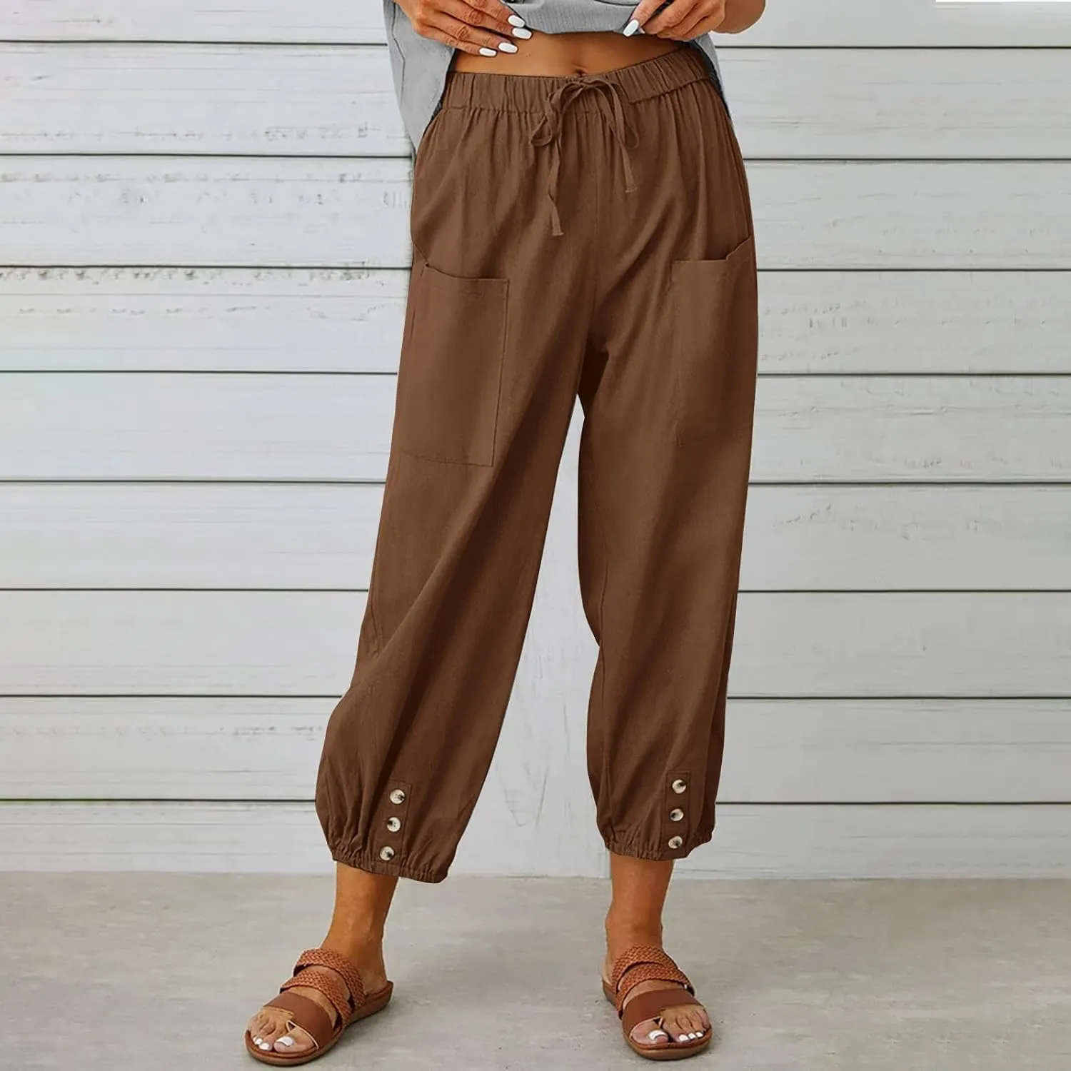 Akivide Cotton Linen Pants for Women High Waisted Drawstring Summer Comfy Flowy Casual Loose Beach Pants with Pockets