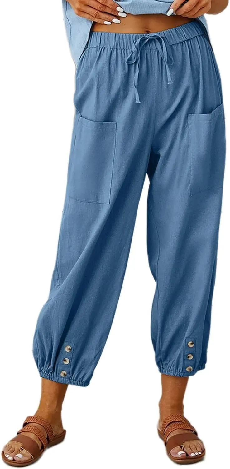 Akivide Cotton Linen Pants for Women High Waisted Drawstring Summer Comfy Flowy Casual Loose Beach Pants with Pockets