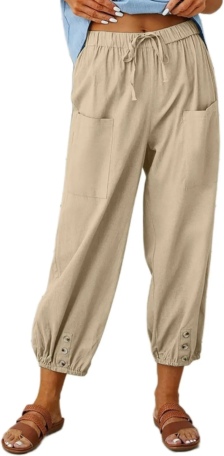 Akivide Cotton Linen Pants for Women High Waisted Drawstring Summer Comfy Flowy Casual Loose Beach Pants with Pockets
