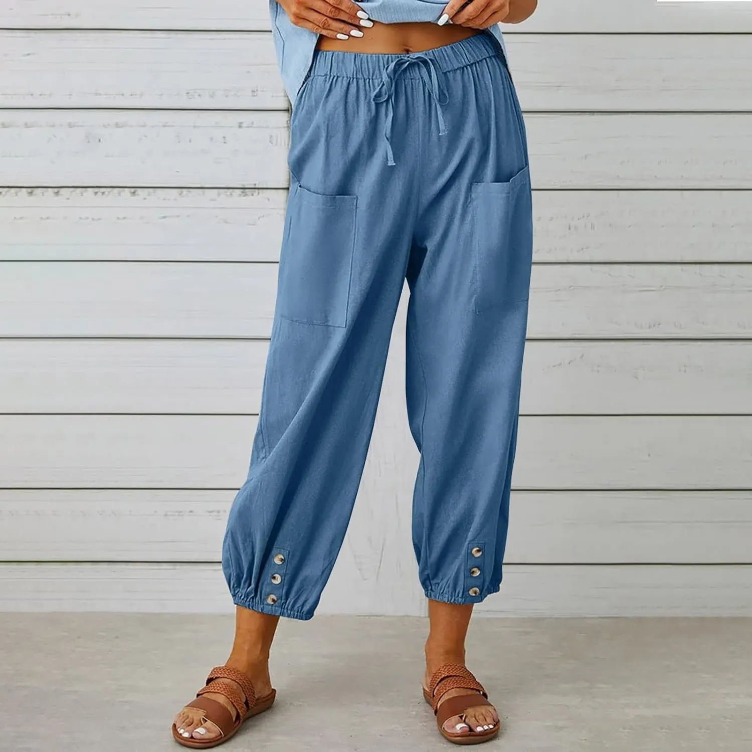 Akivide Cotton Linen Pants for Women High Waisted Drawstring Summer Comfy Flowy Casual Loose Beach Pants with Pockets