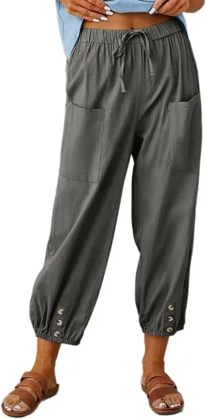 Akivide Cotton Linen Pants for Women High Waisted Drawstring Summer Comfy Flowy Casual Loose Beach Pants with Pockets