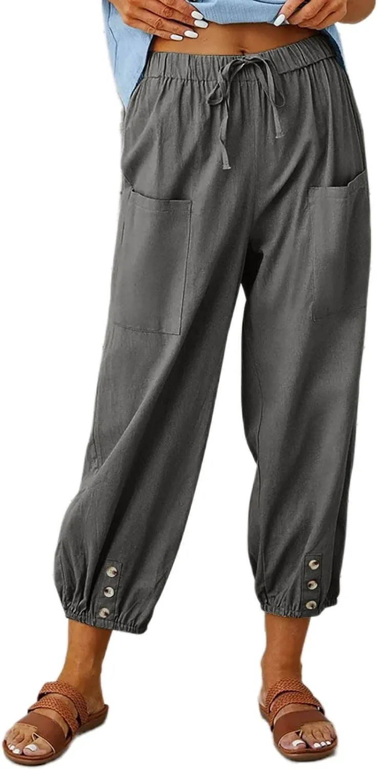 Akivide Cotton Linen Pants for Women High Waisted Drawstring Summer Comfy Flowy Casual Loose Beach Pants with Pockets