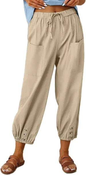 Akivide Cotton Linen Pants for Women High Waisted Drawstring Summer Comfy Flowy Casual Loose Beach Pants with Pockets