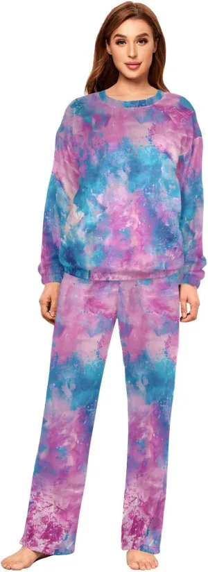 ALAZA Tie Dye Pattern Ink Women's Pajama Set Long Sleeve Top Drawstring Pockets Pants Warm Cozy Loungewear,S