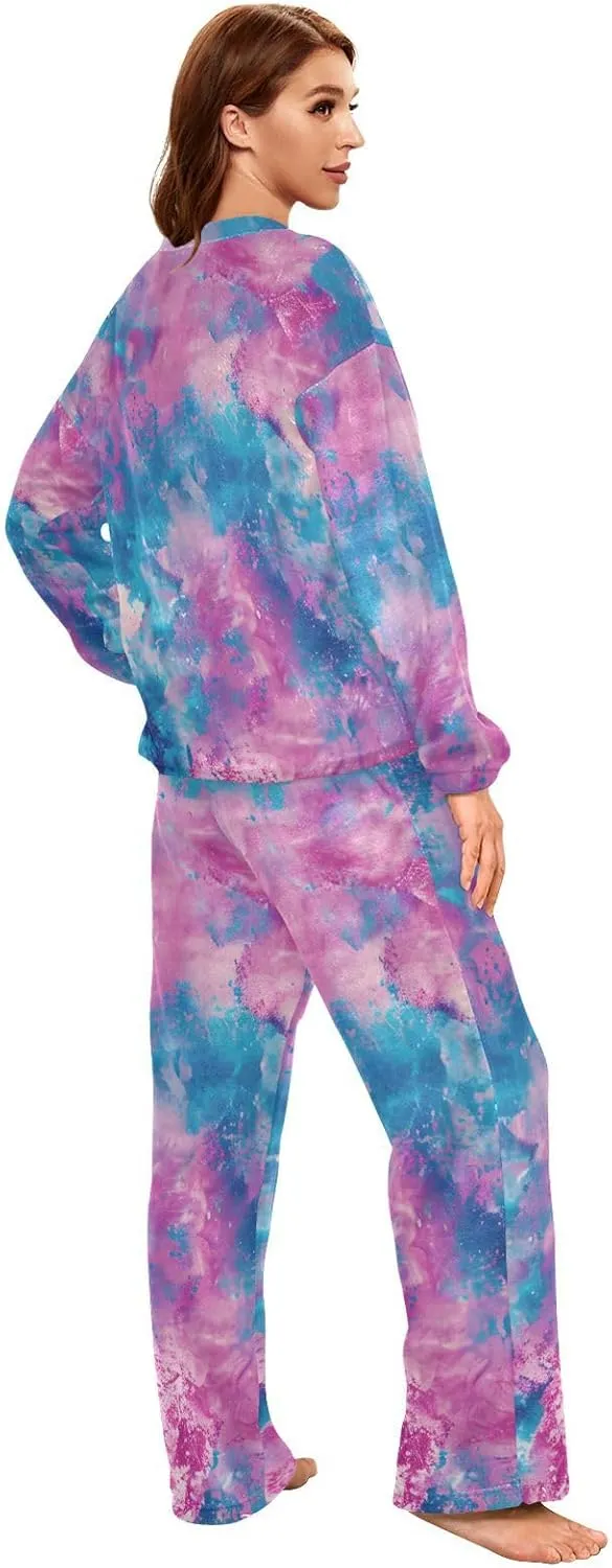 ALAZA Tie Dye Pattern Ink Women's Pajama Set Long Sleeve Top Drawstring Pockets Pants Warm Cozy Loungewear,S