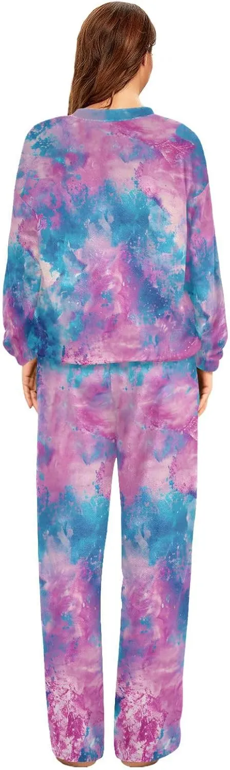 ALAZA Tie Dye Pattern Ink Women's Pajama Set Long Sleeve Top Drawstring Pockets Pants Warm Cozy Loungewear,S