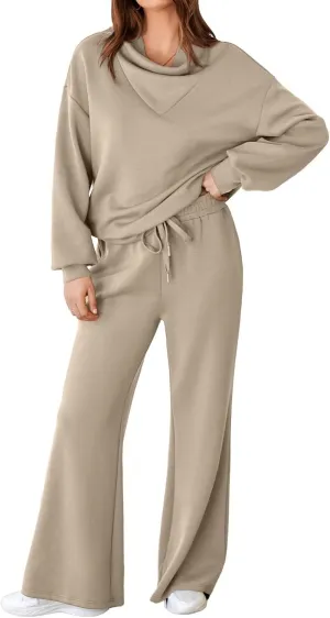 Aleumdr Womens 2 Piece Outfits Sweatsuit Set 2025 Fall Drawstring Sweatshirt Wide Leg Sweatpant Lounge Set Tracksuit Simply Taupe Large