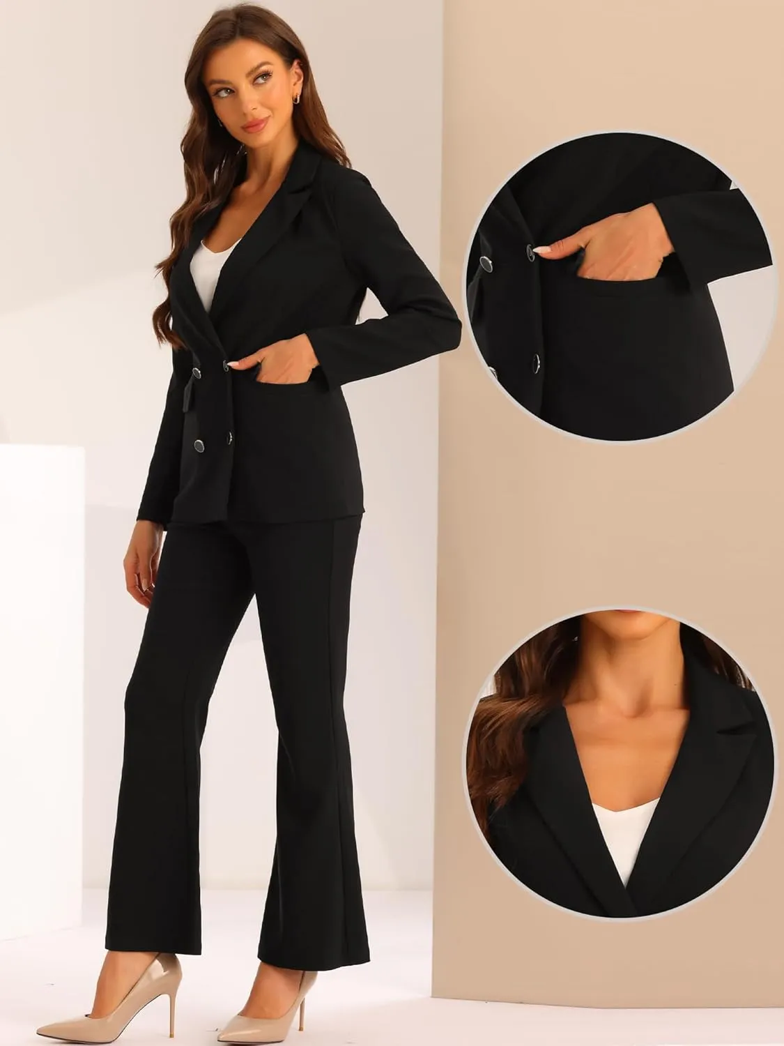 Allegra K 2 Piece Work Suit for Women's Business Formal Double-Breasted Blazer and Pants Set