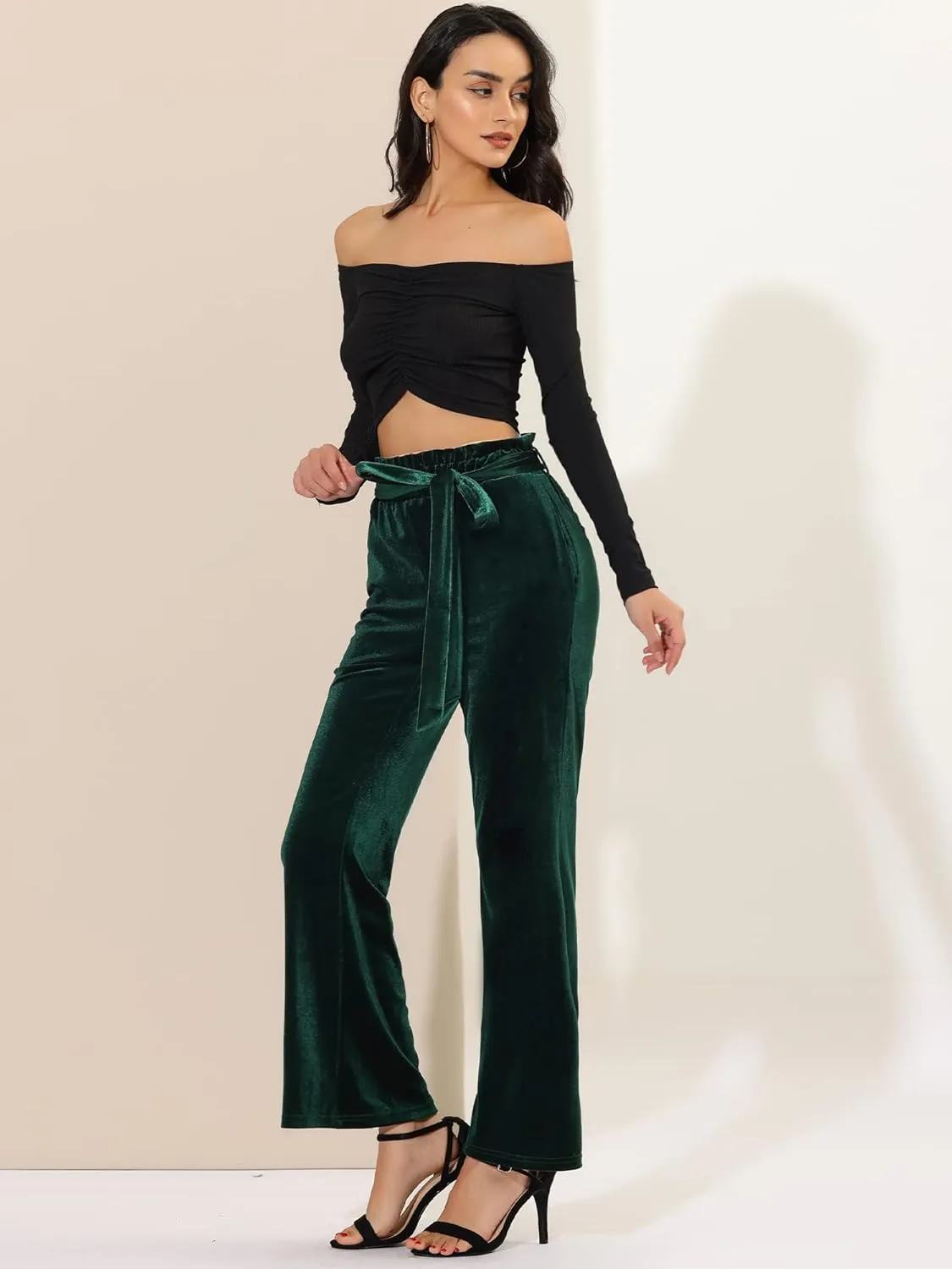 Allegra K Women's Velvet Pants Halloween Tie Waist Stretchy Wide Leg Pants with Pockets