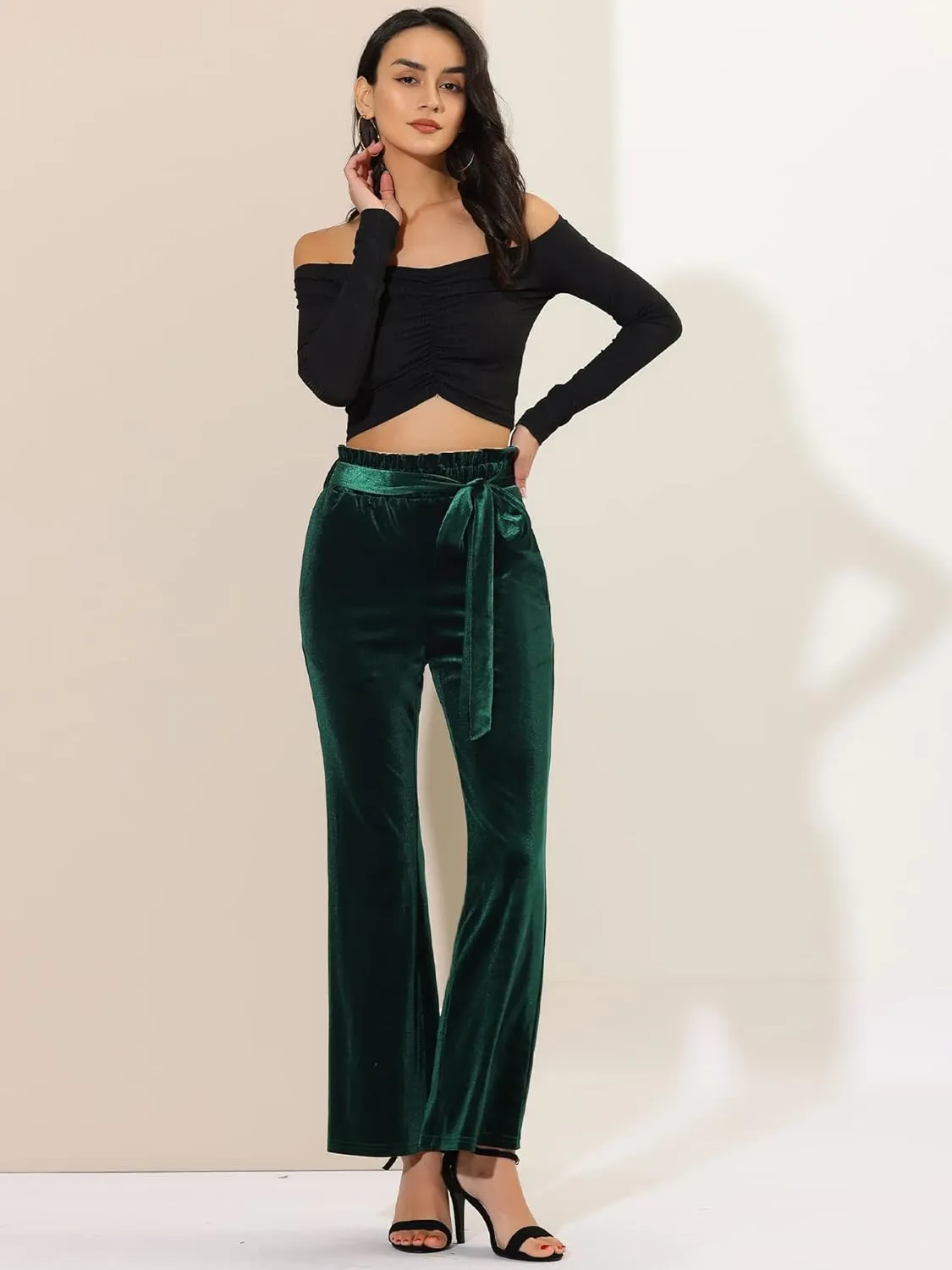 Allegra K Women's Velvet Pants Halloween Tie Waist Stretchy Wide Leg Pants with Pockets