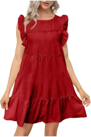 Baby Doll Dress Sundresses Boho Dress Women's Sleeveless Ruffle Sleeve Round Neck Loose Short Flowy Mini Dresses