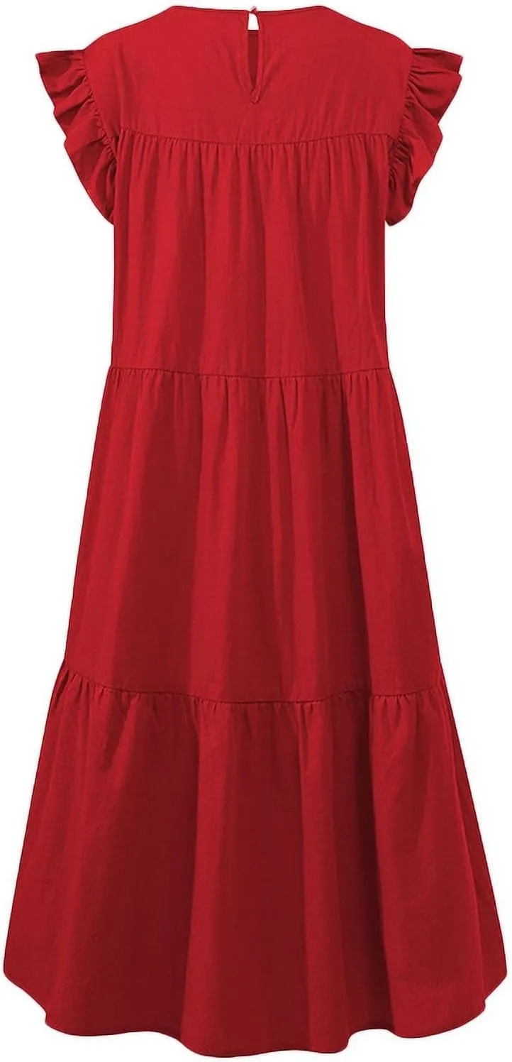 Baby Doll Dress Sundresses Boho Dress Women's Sleeveless Ruffle Sleeve Round Neck Loose Short Flowy Mini Dresses