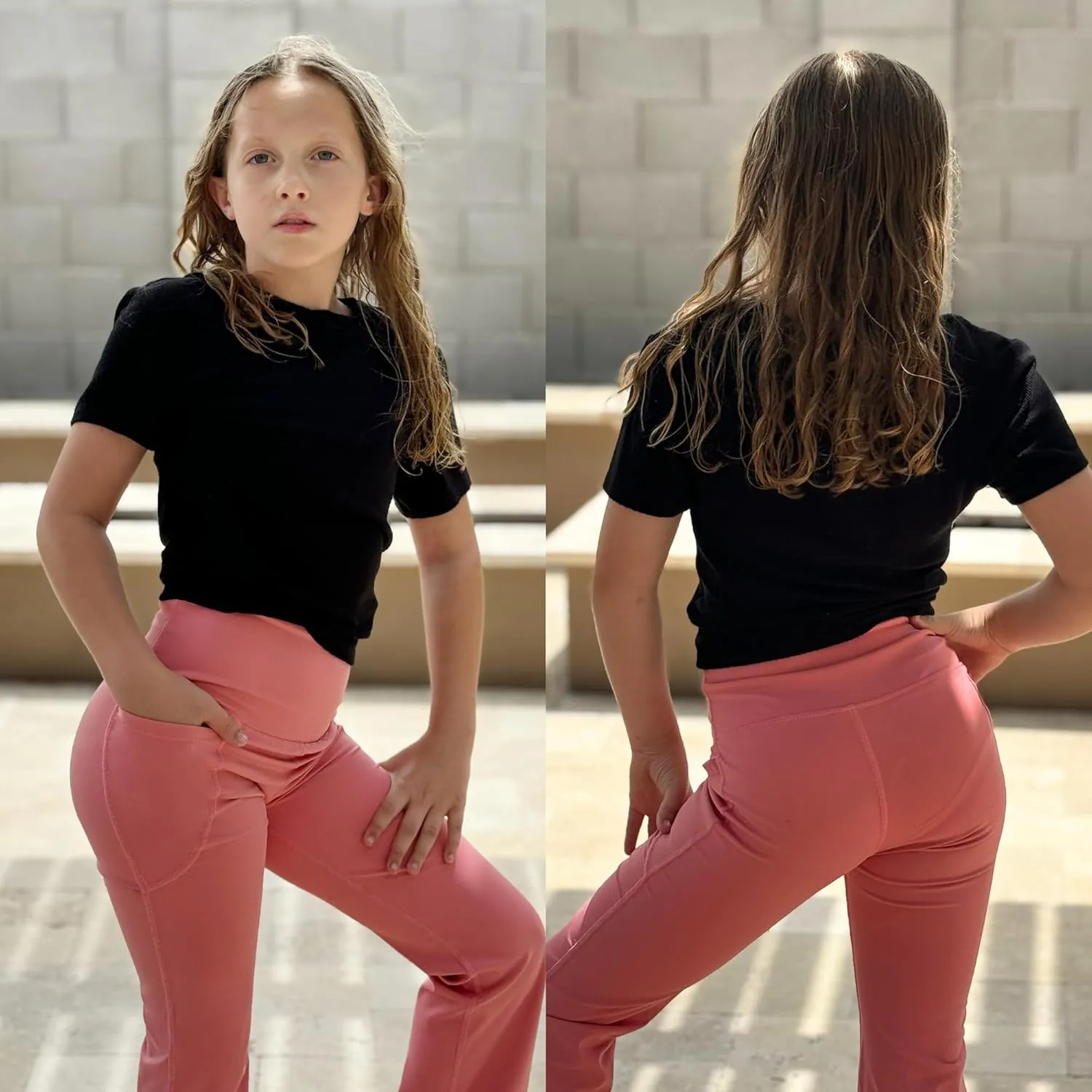 BIG ELEPHANT Girl's Flare Leggings with Pockets, Kids Bootcut Yoga Pants, High Waisted Bell Bottoms for Dance