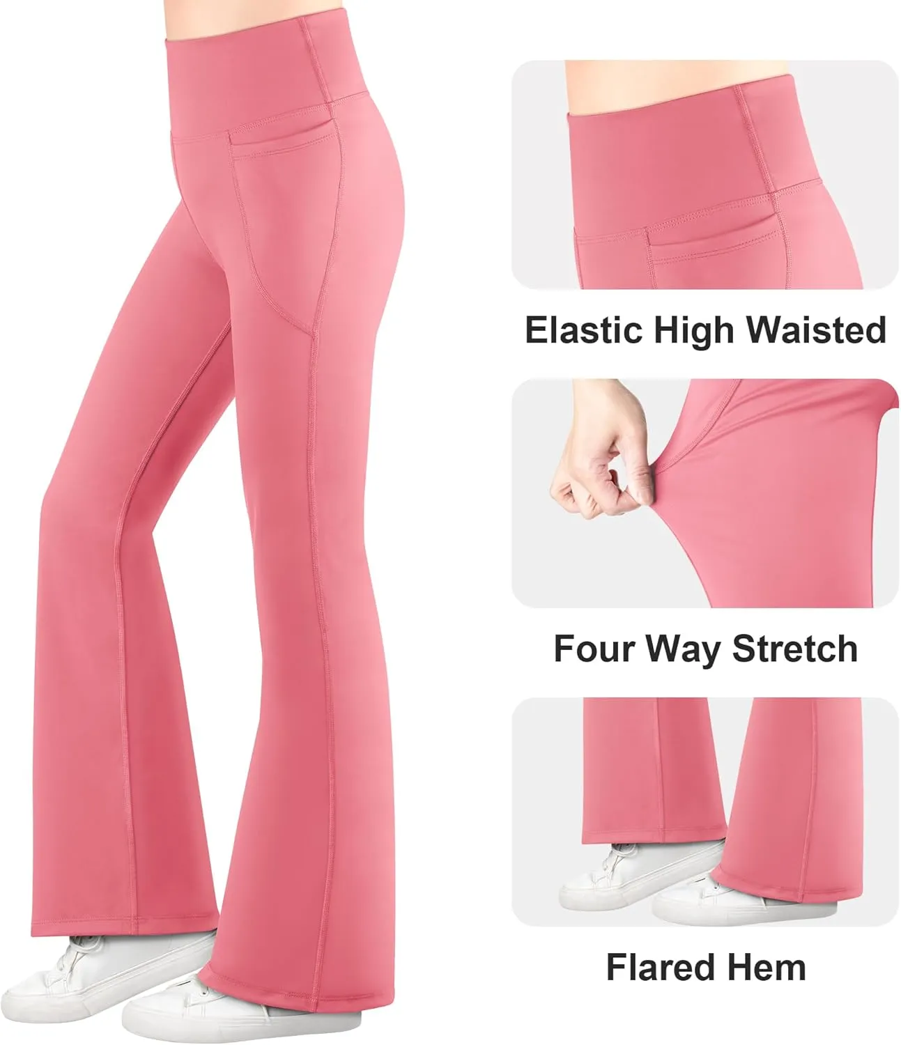 BIG ELEPHANT Girl's Flare Leggings with Pockets, Kids Bootcut Yoga Pants, High Waisted Bell Bottoms for Dance