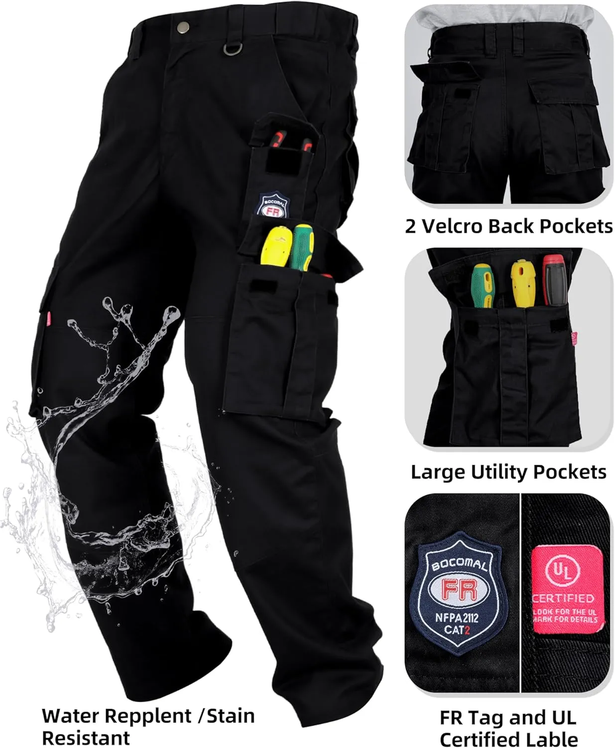 BOCOMAL FR Pants for Men Cargo Pockets Flame Resistant/Fire Retardant Elastic Waist Water & Oil Repellent Finish