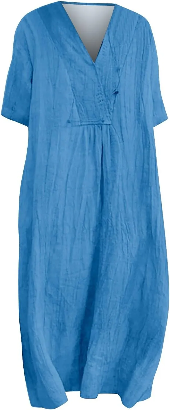 Boho Dresses for Women 2024 Linen Vintage Solid Midi Dress with Pockets V Neck Loose Casual Flowy Summer Beach Dress