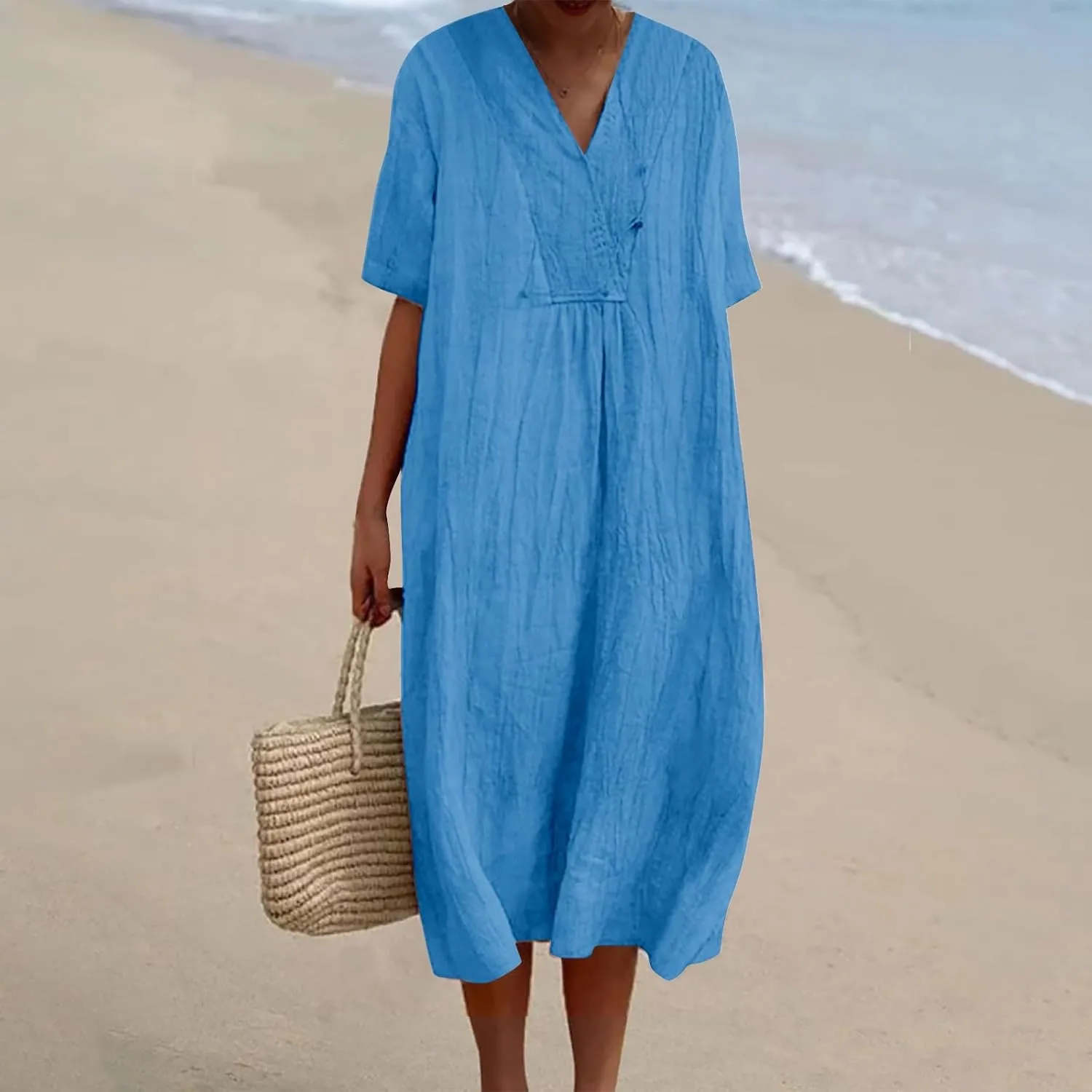 Boho Dresses for Women 2024 Linen Vintage Solid Midi Dress with Pockets V Neck Loose Casual Flowy Summer Beach Dress