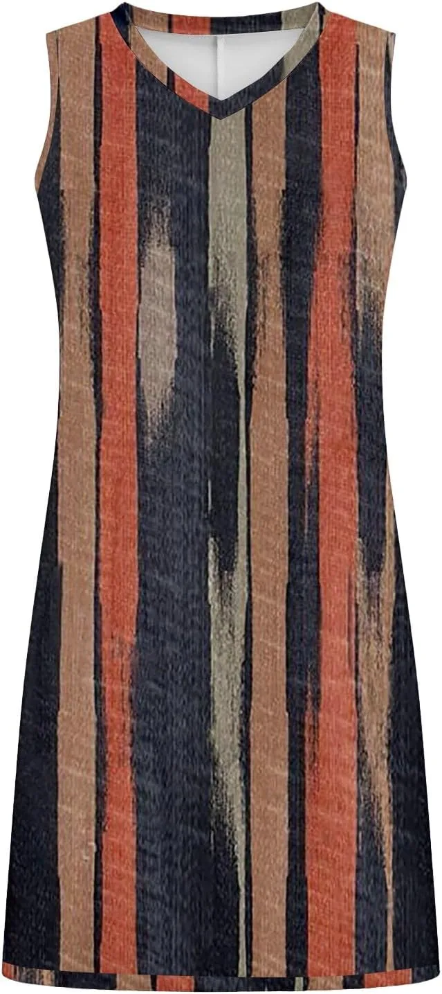 Boho Sundresses for Women 2025 V Neck Aztec Print Knee Length Tank Dress Loose Fit Mini Shift Dress Casual Summer