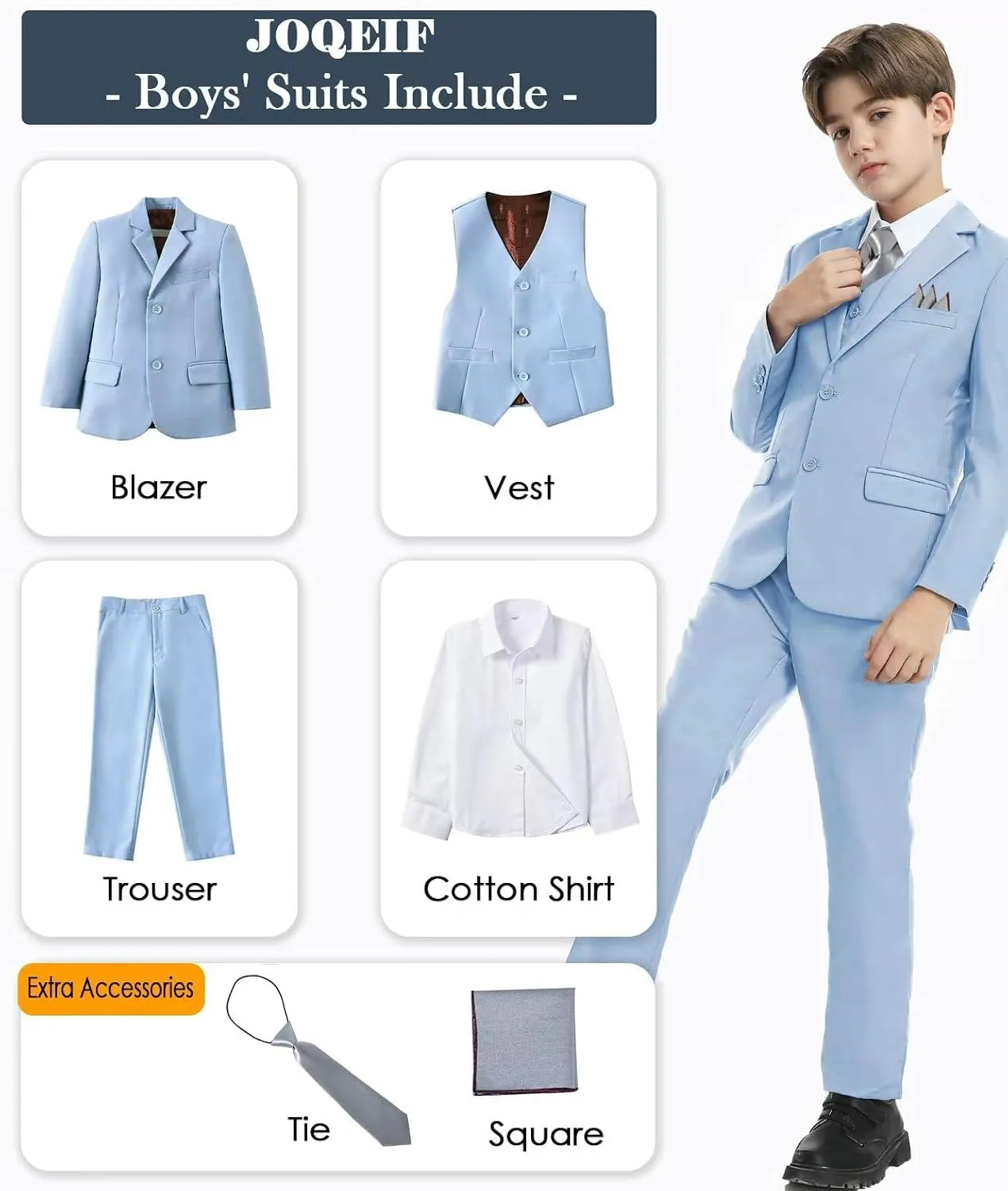 Boys Formal Suit Set with Dress Shirt Tie and Pocket Square, Adjustable Waist