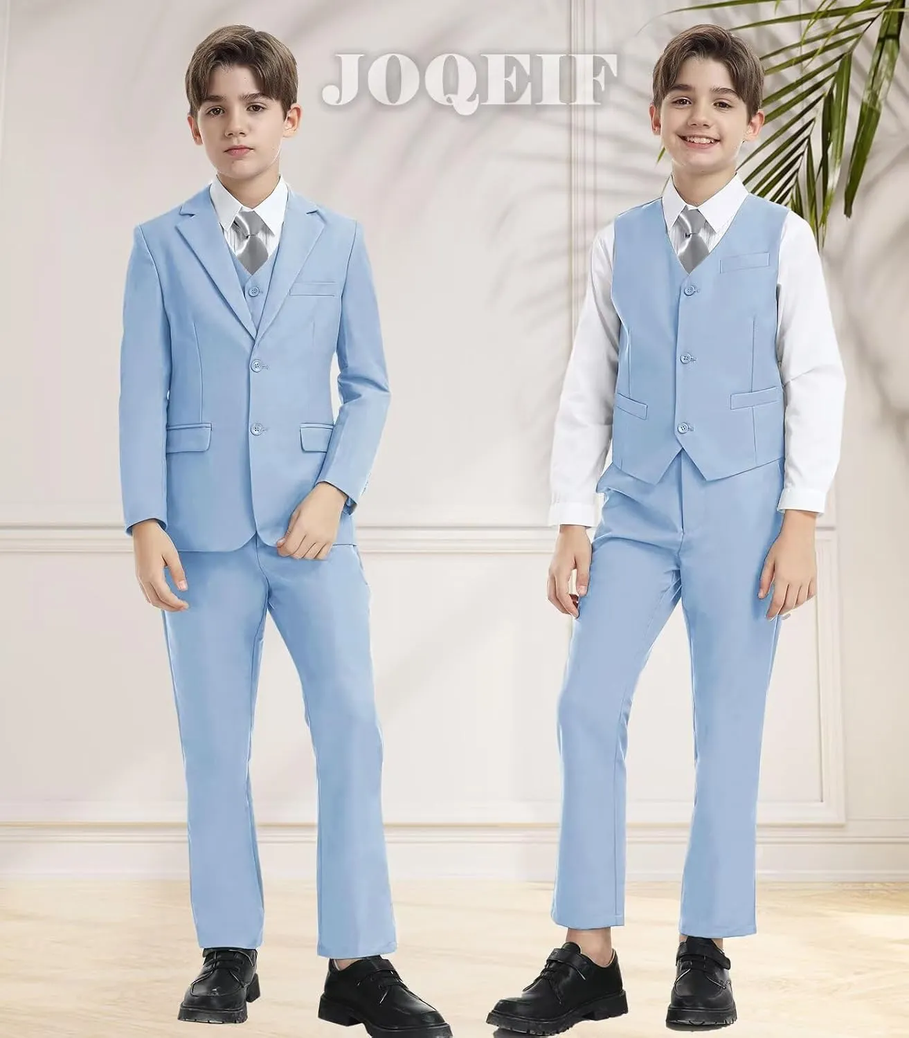 Boys Formal Suit Set with Dress Shirt Tie and Pocket Square, Adjustable Waist