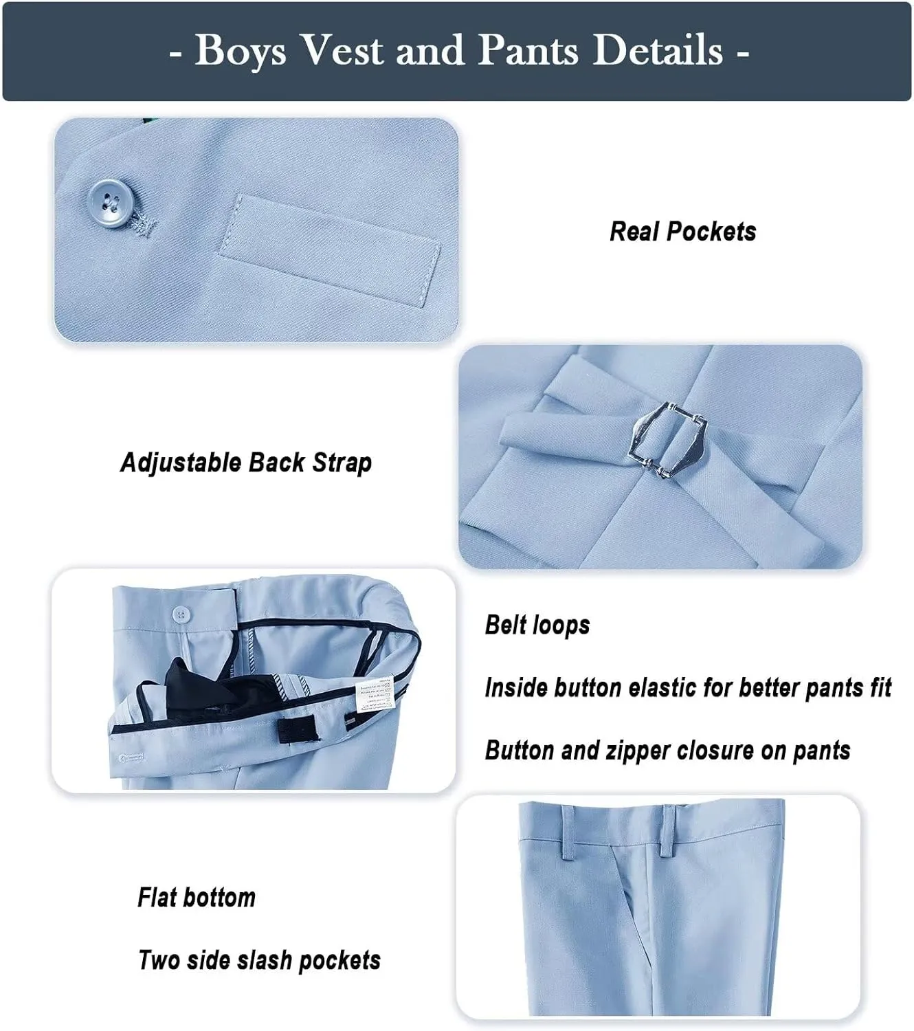 Boys Formal Suit Set with Dress Shirt Tie and Pocket Square, Adjustable Waist