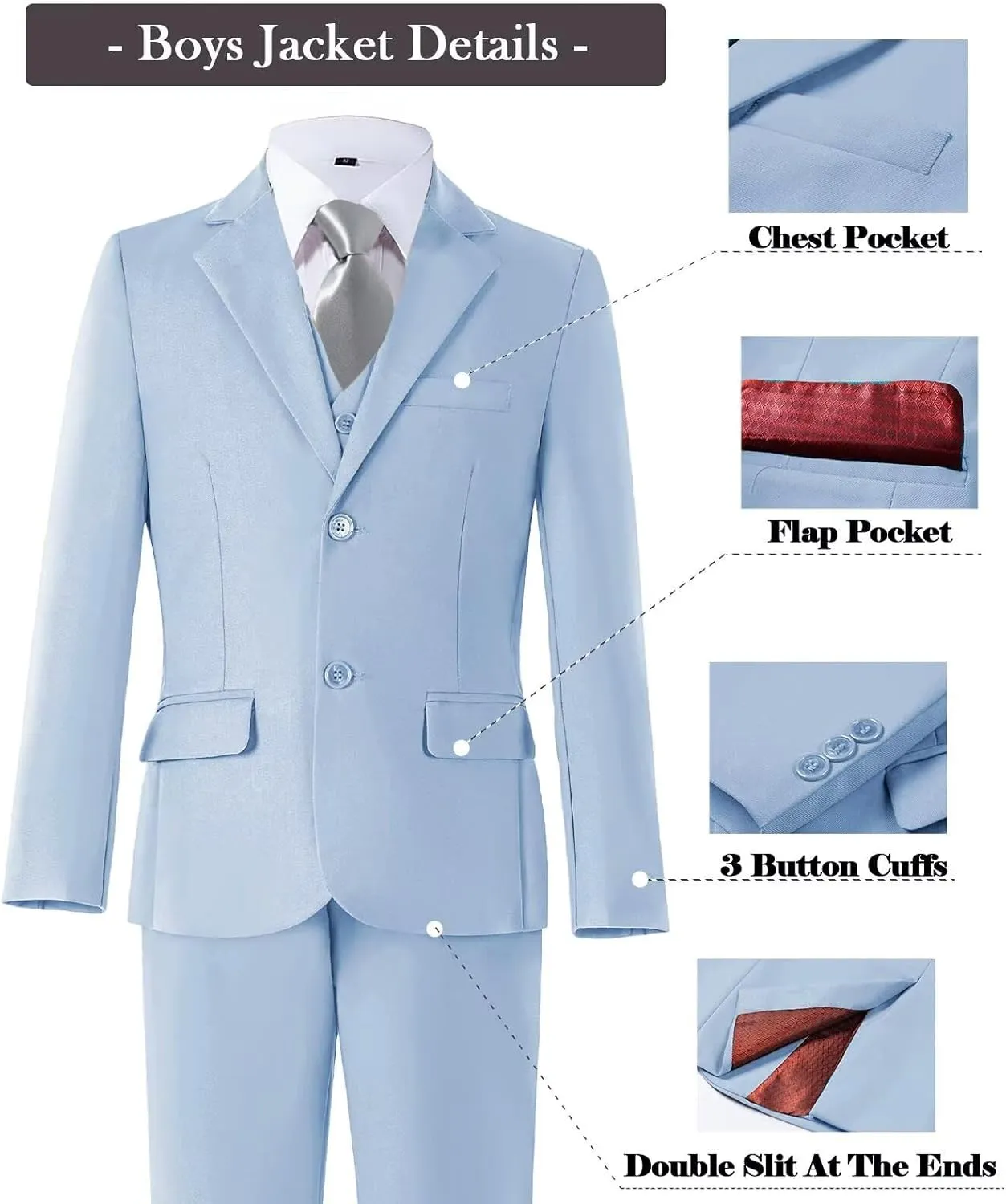Boys Formal Suit Set with Dress Shirt Tie and Pocket Square, Adjustable Waist