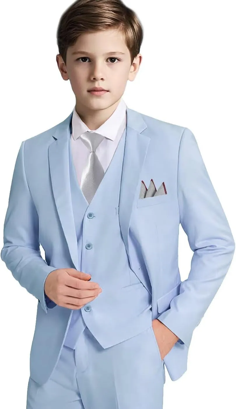 Boys Formal Suit Set with Dress Shirt Tie and Pocket Square, Adjustable Waist
