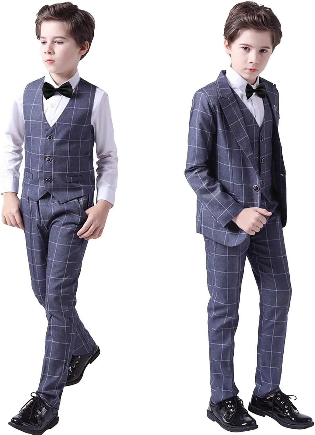 Boys Plaid Suit 5 Piece Formal Outfits Slim Fit Dress Clothes Kids Tuxedo Blazer Shirt Vest Pants Bow Tie