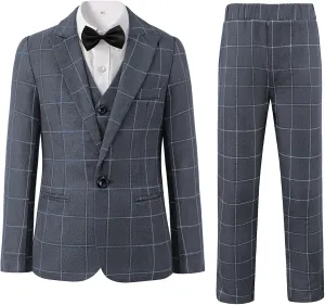 Boys Plaid Suit 5 Piece Formal Outfits Slim Fit Dress Clothes Kids Tuxedo Blazer Shirt Vest Pants Bow Tie