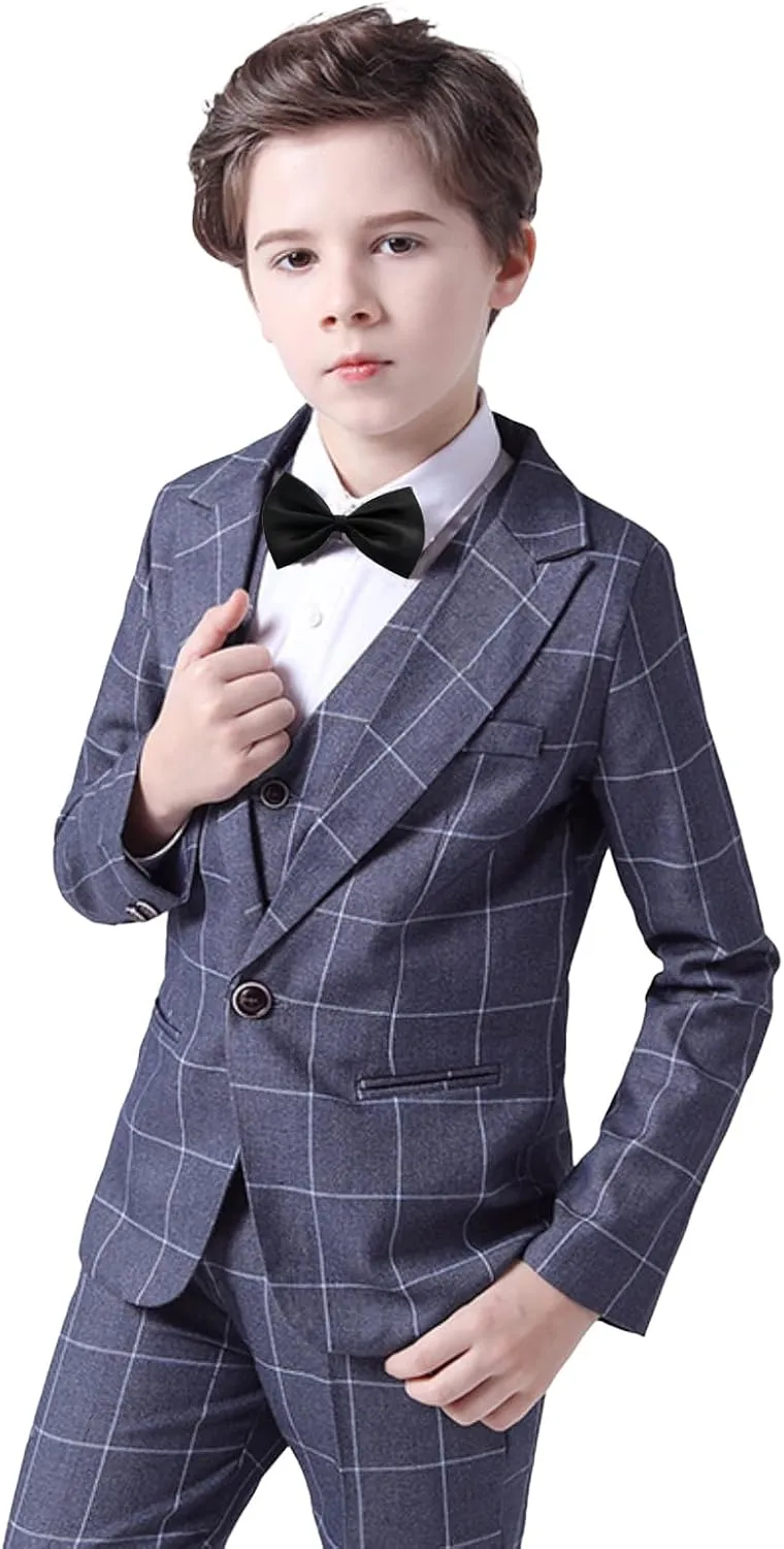 Boys Plaid Suit 5 Piece Formal Outfits Slim Fit Dress Clothes Kids Tuxedo Blazer Shirt Vest Pants Bow Tie