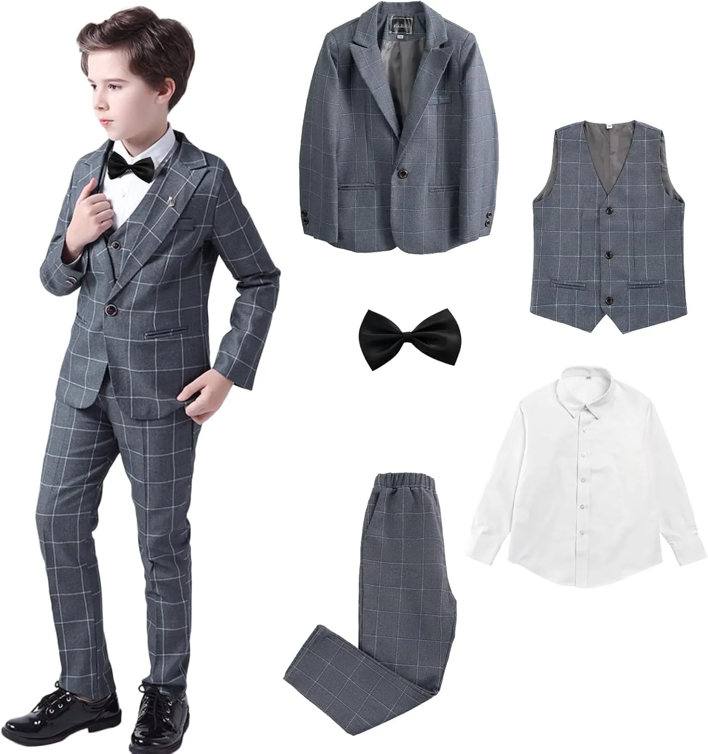 Boys Plaid Suit 5 Piece Formal Outfits Slim Fit Dress Clothes Kids Tuxedo Blazer Shirt Vest Pants Bow Tie